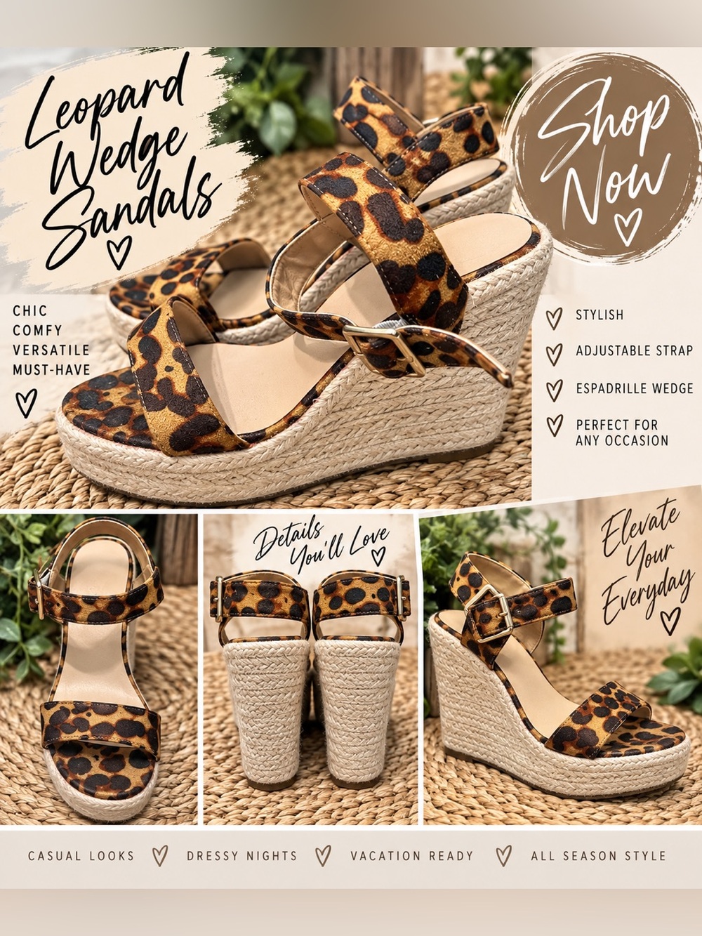 Leopard Print Espadrille Wedge Sandals - Women's Brown Leopard